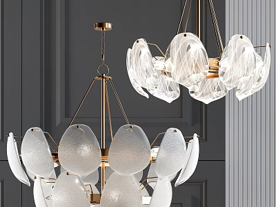 Modern Golden Frame Chandelier With Transparent Glass Petal Shades On Dark Wall 3d model