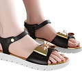 Women's Black Fashion Sandals With Gold Bow Decoration And White Flat Sole