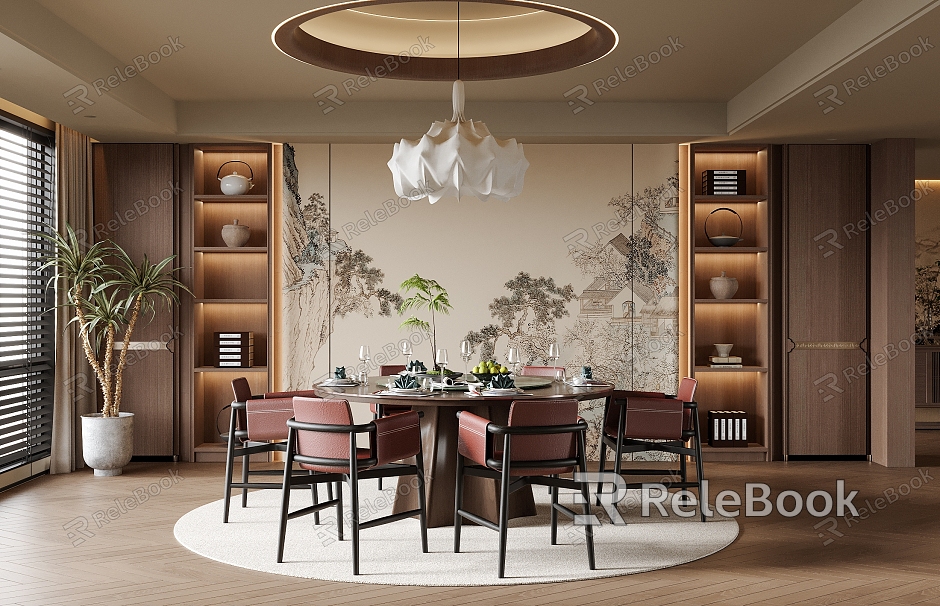 Tea Restaurant Dining Table and Chair Round Dining Table Dining Chair Chandelier Background Wall Bonsai model