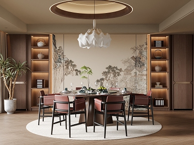 Tea Restaurant Dining Table and Chair Round Dining Table Dining Chair Chandelier Background Wall Bonsai model