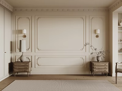 Classic Paneled Bed Background Wall Design With Wall Sconces And Nightstands 3d model
