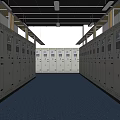 Neatly Arranged Control Cabinets In Modern Control Room With Blue Floor And Ceiling Lights