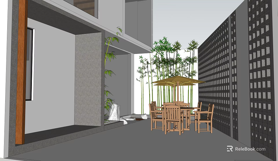 Residential Building Courtyard With Wooden Furniture Umbrella And Bamboo Plants 3d model 
