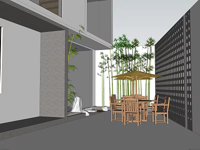 Residential Building Courtyard With Wooden Furniture Umbrella And Bamboo Plants 3d model