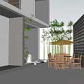 Residential Building Courtyard With Wooden Furniture Umbrella And Bamboo Plants