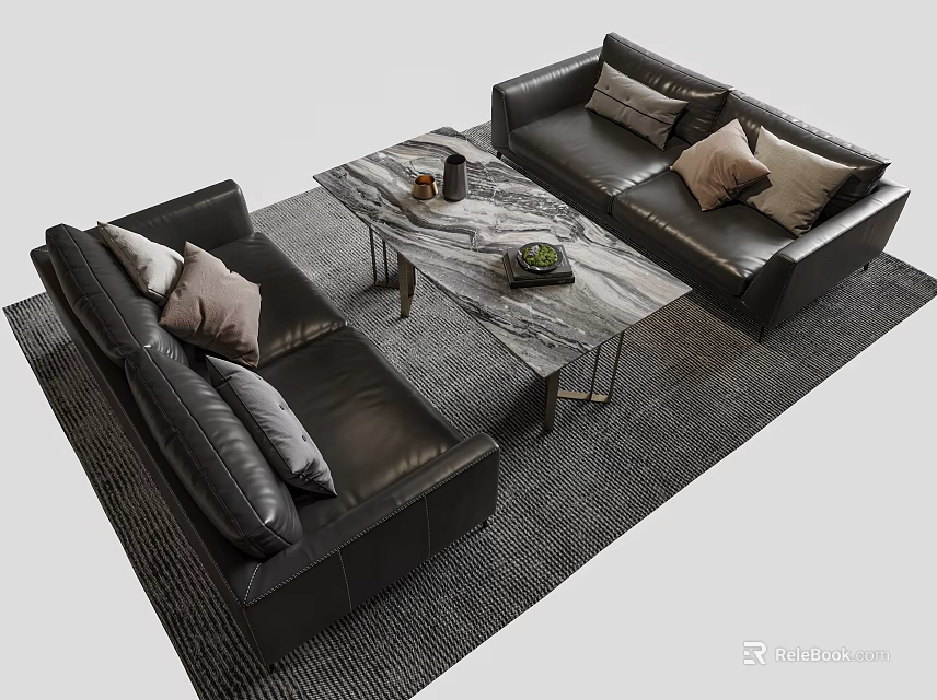 Modern Negotiation Table and Chairs with Black Leather Upholstery Marble Tabletop and Decorative Pillows 3d model 