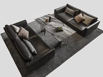 Modern Negotiation Table and Chairs with Black Leather Upholstery Marble Tabletop and Decorative Pillows 3d model
