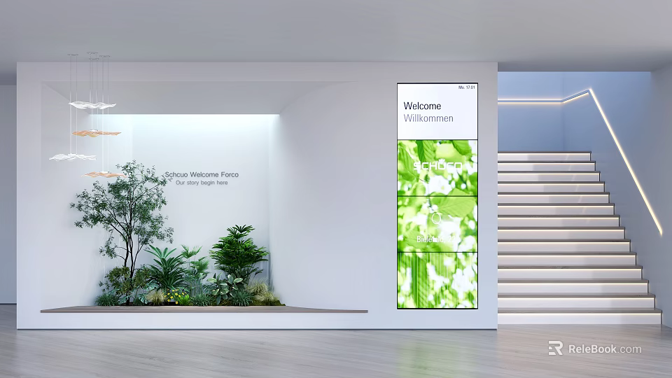 Modern Indoor Living Plant Wall Design With Welcome Wilderness Sign Staircase And Greenery 3d model 