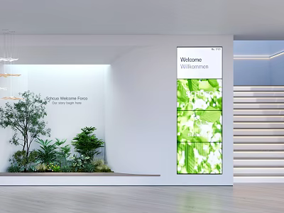 Modern Indoor Living Plant Wall Design With Welcome Wilderness Sign Staircase And Greenery 3d model