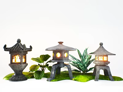 Traditional Japanese Garden Landscape With Illuminated Lanterns And Lush Green Plants 3d model