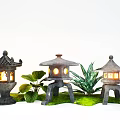 Traditional Japanese Garden Landscape With Illuminated Lanterns And Lush Green Plants
