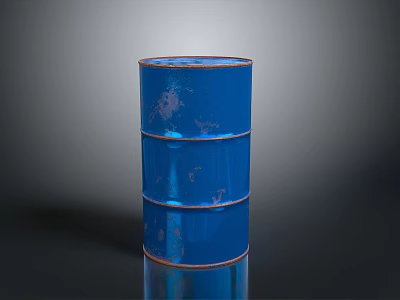 Blue Rusty Oil Barrel On Black Surface With Reflection And Industrial Look 3d model