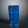 Blue Rusty Oil Barrel On Black Surface With Reflection And Industrial Look
