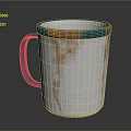 White Mug With Blue Rim Orange Textures And Blue Handle Design
