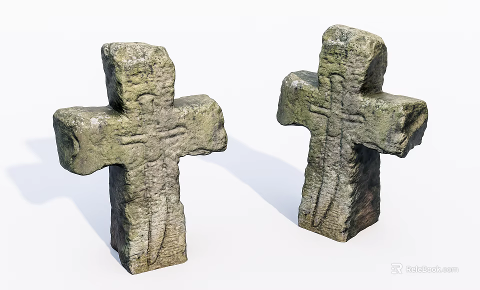 Two Ancient Weathered Stone Crosses With Carved Texture And Detailed Design 3d model 