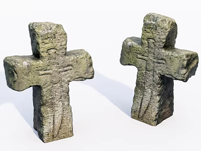 Two Ancient Weathered Stone Crosses With Carved Texture And Detailed Design 3d model