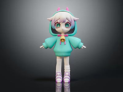 Cute Cartoon Character With Pink Horns Light Green Hoodie Pink Bell Purple Hair Green Eyes 3d model