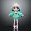 Cute Cartoon Character With Pink Horns Light Green Hoodie Pink Bell Purple Hair Green Eyes