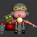 Cartoon Character Riding Motorcycle With Helmet Yellow Goggles Red Shirt Pink Body Large Wheels Headlight