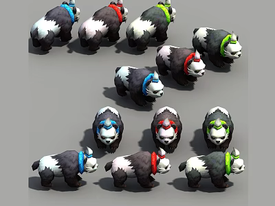 Panda Characters With Colorful Scarves And Diverse Posture Design Variations 3d model