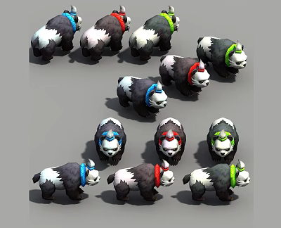 Panda Characters With Colorful Scarves And Diverse Posture Design Variations 3d model
