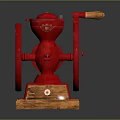 Red Vintage Kitchen Appliance With Wooden Base And Decorative Grinding Wheels