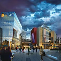 Modern Commercial Street With Glass Facade Buildings Pedestrians And Evening Lights In Plaza