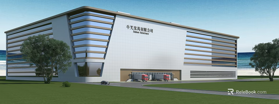 Modern Industrial Factory Building Exterior With Multi story Glass Facade And Logistics Loading Trucks 3d model 