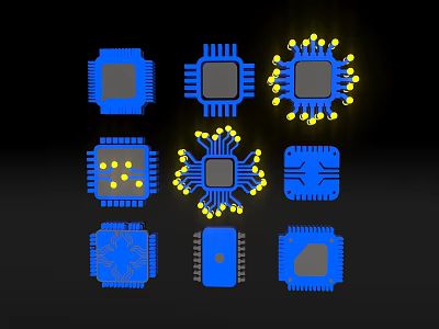 Modern Blue Electronic Circuit Chip Wall Decor With Yellow Dots And Various Shapes 3d model