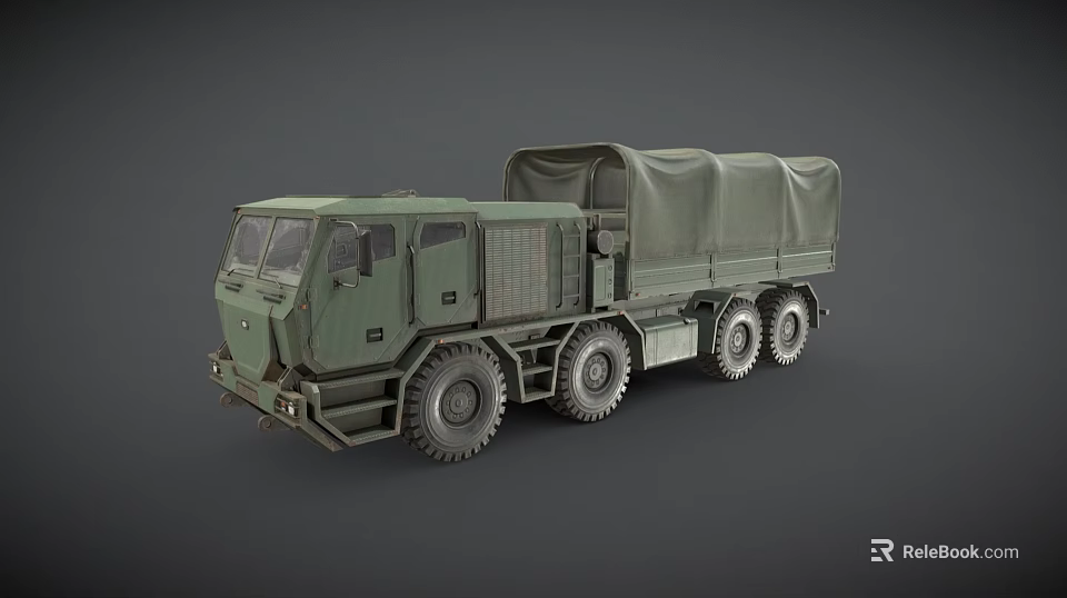 Green Military Truck With Canvas Covered Cargo Bed And Six Wheels 3d model 