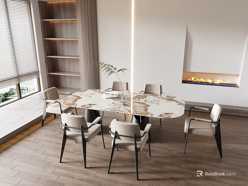 Modern Dining Table Set With Marble Top Six Chairs Fireplace Bookshelf and Window 3d model