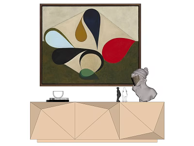 Geometric TV Stand With Abstract Painting Sculpture Figurines Cup And Book 3d model
