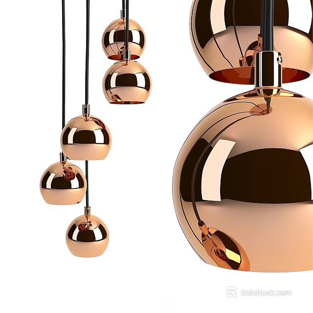 Multiple Modern Copper Spherical Pendant Lights With Mirrored Finish And Hanging Design 3d model