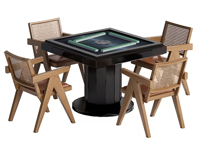 Modern Square Mahjong Entertainment Table with Black Base and Four Wooden Rattan Backrest Chairs 3d model