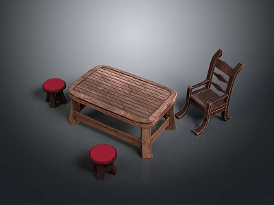 Wooden Furniture Collection Featuring Rectangular Table Chair And Red Cushioned Stools 3d model