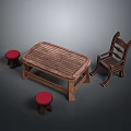 Wooden Furniture Collection Featuring Rectangular Table Chair And Red Cushioned Stools
