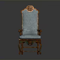 Elegant High Back Armchair With Wooden Frame Blue Upholstery And Ornate Carvings