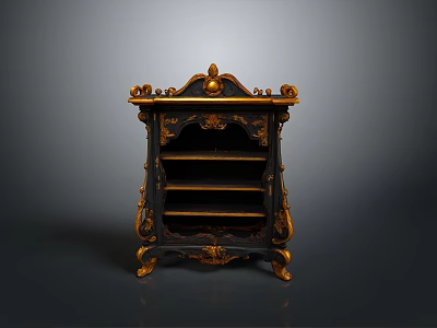 Antique Black And Gold Cabinet With Ornate Carvings And Decorative Shelves 3d model