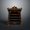 Antique Black And Gold Cabinet With Ornate Carvings And Decorative Shelves
