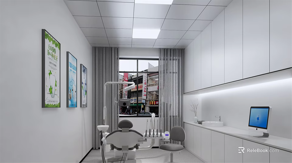 Modern Dental Clinic Interior With White Cabinets Treatment Chair And Posters 3d model 