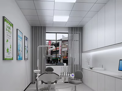 Modern Dental Clinic Interior With White Cabinets Treatment Chair And Posters 3d model