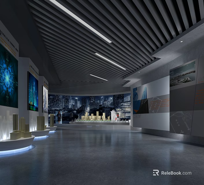 Modern Exhibition Hall Interior Design With Display Cabinets Models And Wall Posters 3d model 