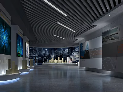 Modern Exhibition Hall Interior Design With Display Cabinets Models And Wall Posters 3d model