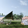 Dome Tent And Tarpaulin Shelter For Outdoor Camping On Green Grass With Trees Under Blue Sky