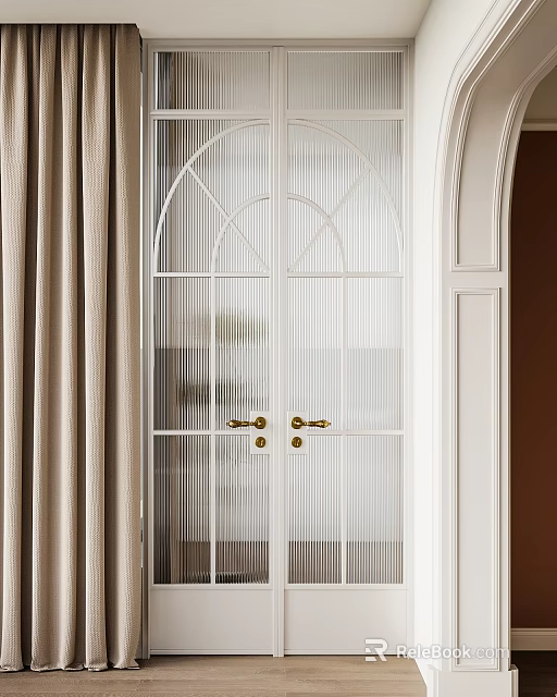 Elegant White Double Doors With Arched Glass Panels And Gold Handles In Interior Scene 3d model 