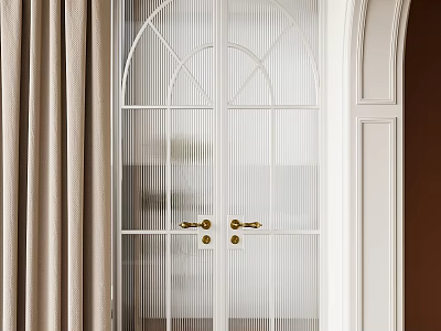 Elegant White Double Doors With Arched Glass Panels And Gold Handles In Interior Scene 3d model