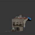 Two Story Building Model With Red Roof Brown Exterior And Street Base
