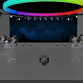 Colorful Stage With Rainbow Circular Light Blue Lights White Laser Beams And Black Floor Lines