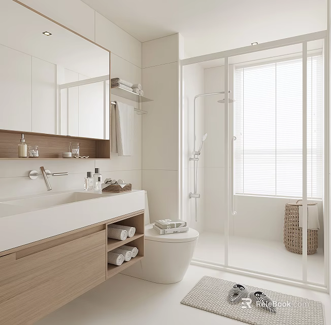 Modern Bathroom Interior With White Sink Wooden Cabinets Glass Shower Mirror And Natural Light 3d model 