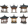 Six Various Traditional Chinese Pavilions With Different Roof Styles And Wooden Frames